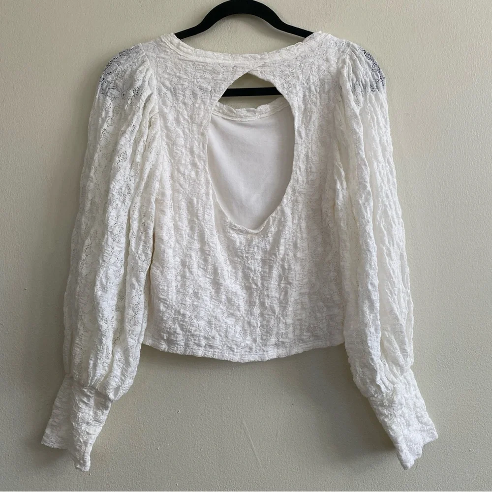 Free People Women’s Tea Time Round Neck Long Puff Sleeve‎ Lace Top white Size M